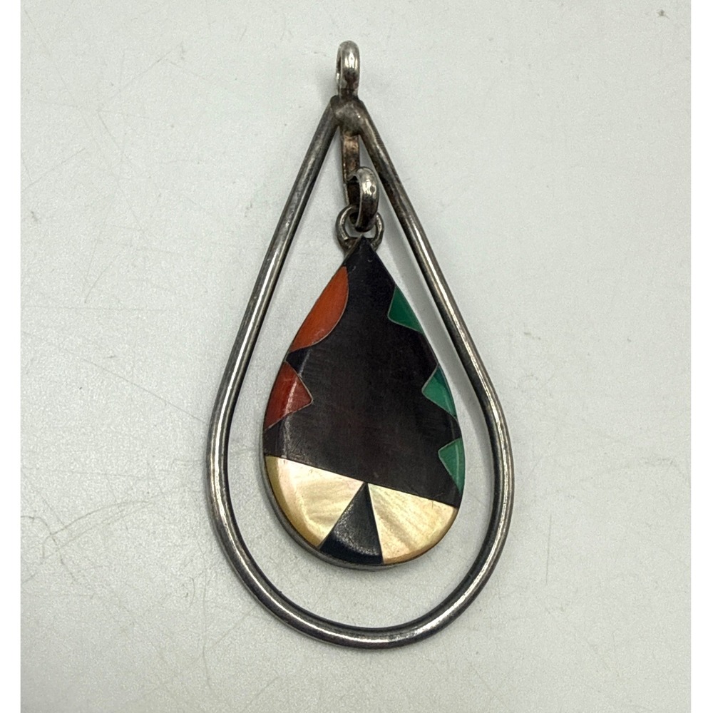 Vtg Zuni R.E.G. Stone Inlay Teardrop Pendant Sterling Silver Native American